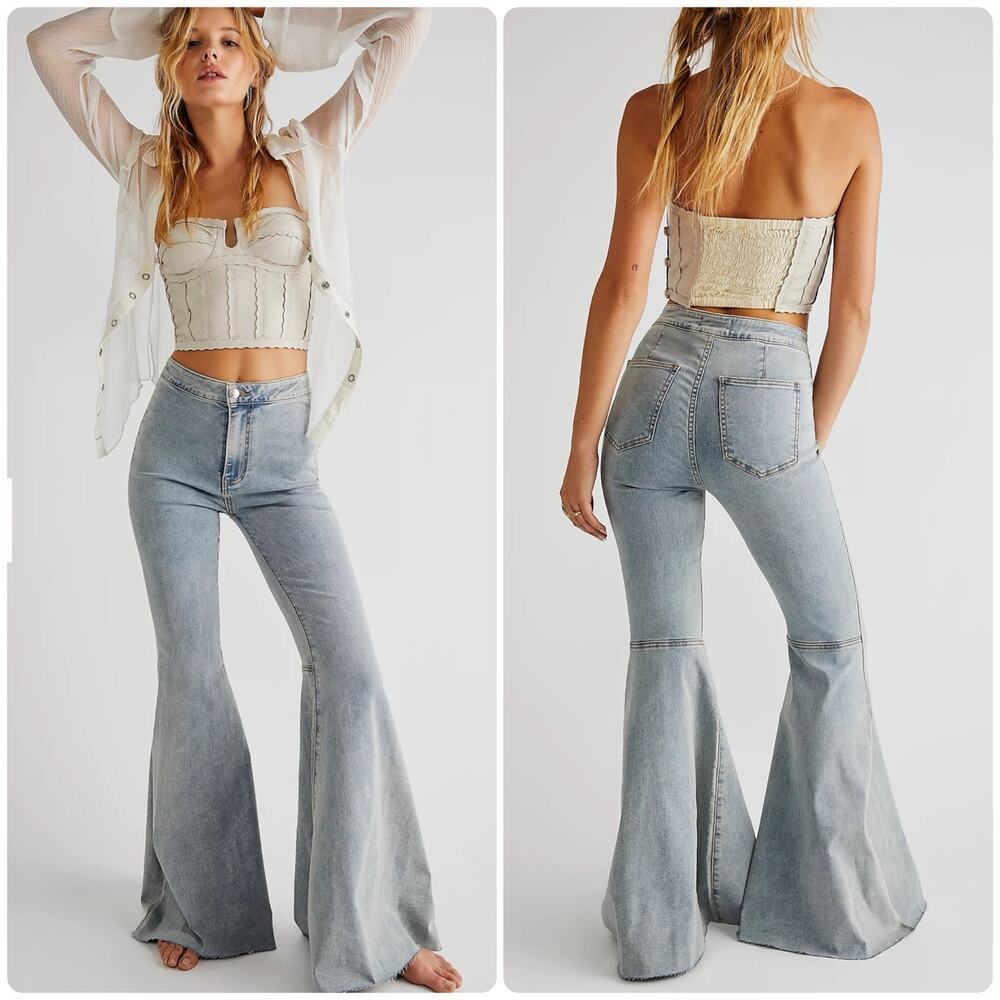 FREE PEOPLE Just Float On Flare Jeans Vintage Bell Bottoms Sea Mist Blue Size 30